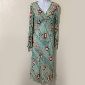 Vintage 90s Blue Feminine Romantic Dainty Floral Fairy Midi Dress Size 6 Formal